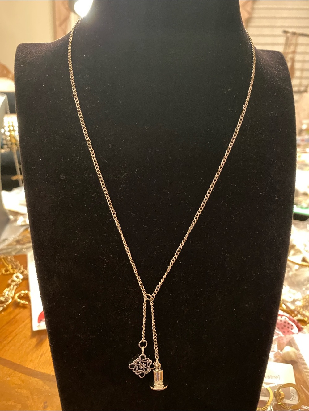 Fashion Jewelry Silver-Tone Y Necklace with Top Hat & Filigree Charm